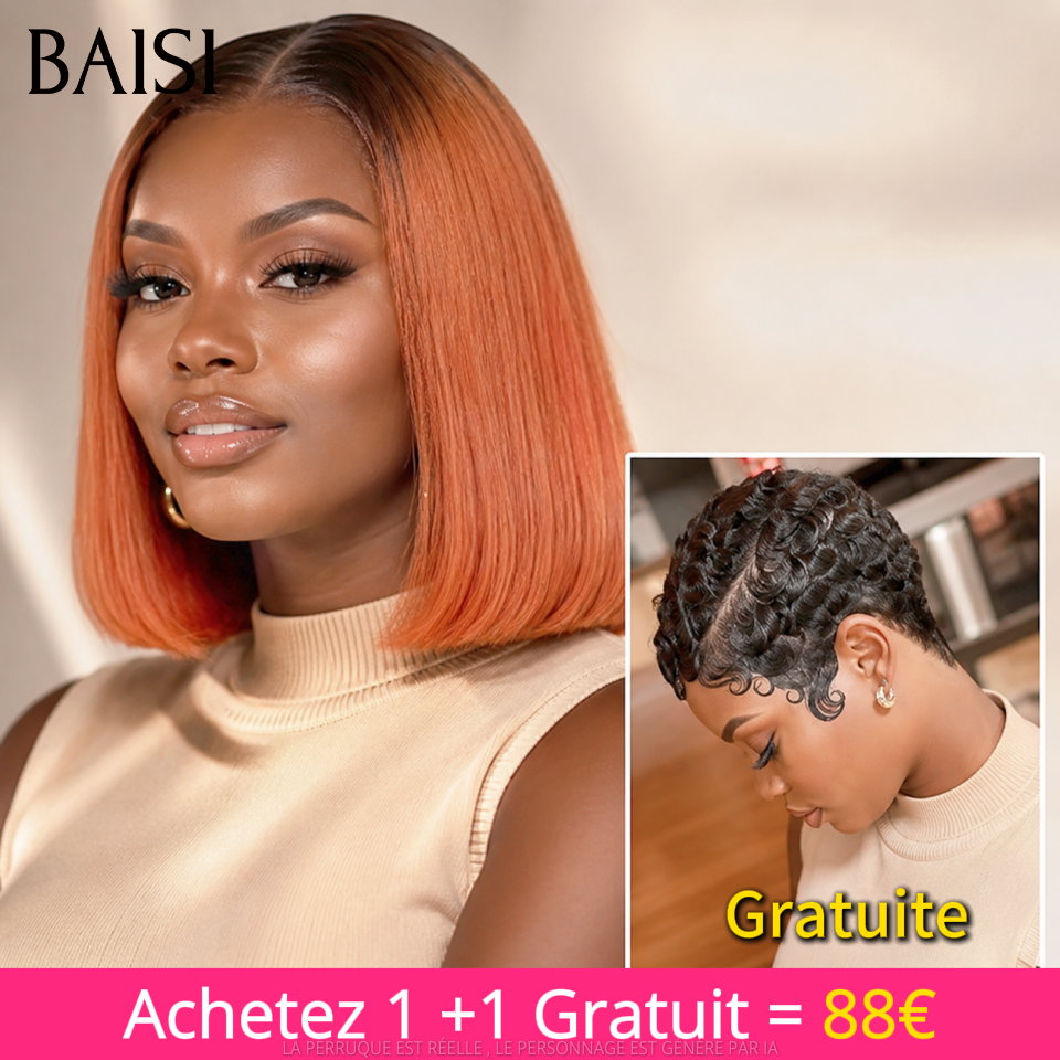 BAISI Achetez 1 +1 Gratuite= 88€ 4x4 lace lisse bob 1BT30# 10 pouces et sans lace pixie ou Lisse + curly + san lace en 100% vrais cheveux humains
