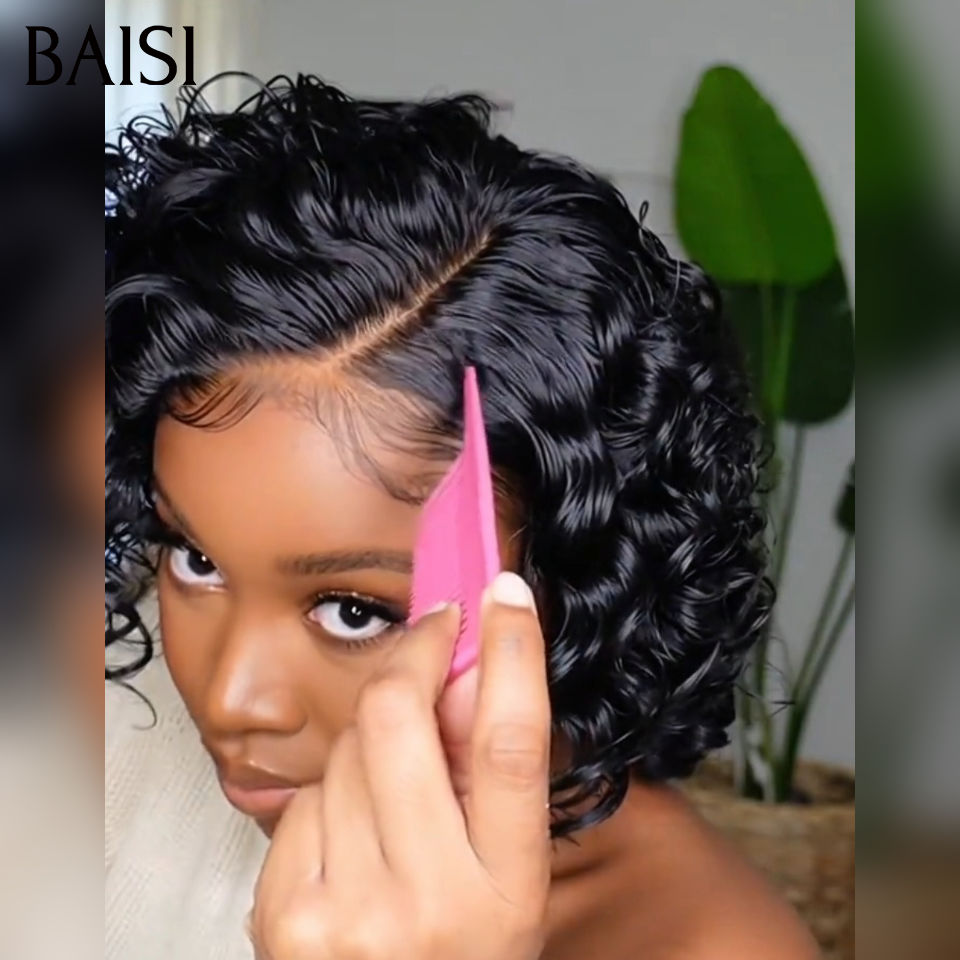 BAISI 13x4 lace Perruque BOB Spring Curl Ondulation printemps 10Pouces Moitié prix 85€ NOIR en 100% Cheveux Humains