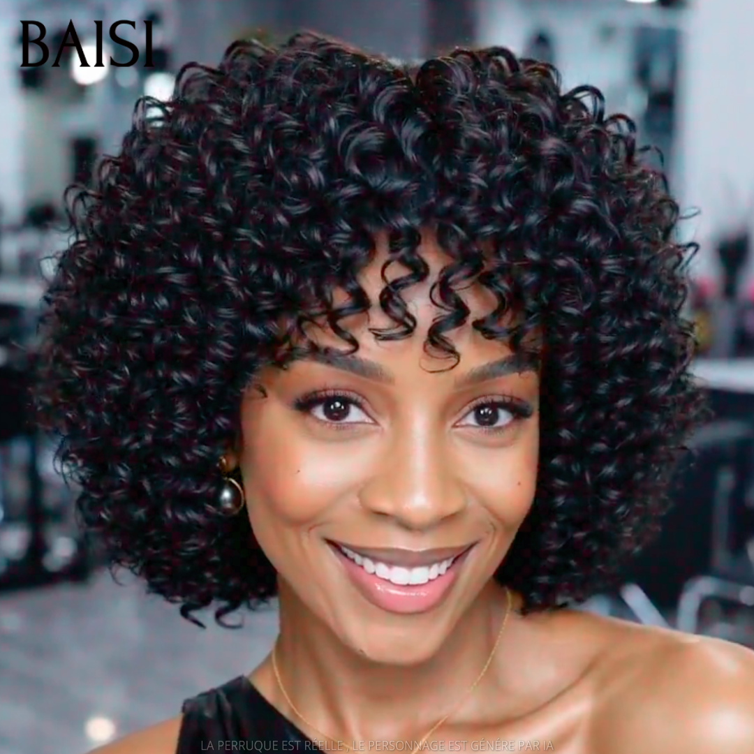 BAISI Perruque Bob Curly Couleur Noir Avec ou Sans Frange 89€ Sans Colle Sans Lace et Frontale Top Modèle en 100% Cheveux humains