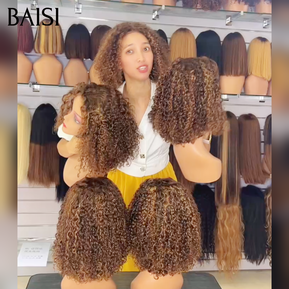BAISI 4x4 Lace Closure Perruque BOB Curly Wave 100%Vietnam Hair Couleur Mixte 4/27# Taille 12pouces et 14pouces en 100% Cheveux Humains