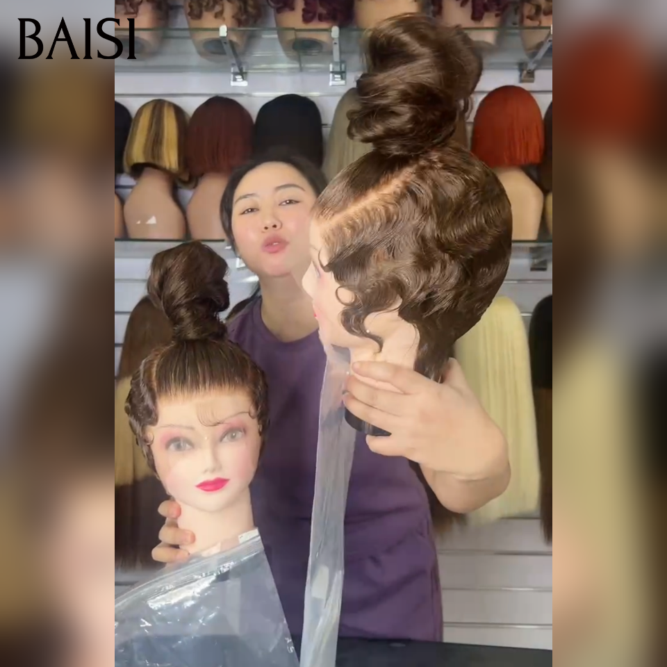 BAISI 13x4 Lace Perruque Bob Coiffée Comme la photo 185€ Couleur Marron Style Personnalisée Très En Vogue en 100% Cheveux humains MP50