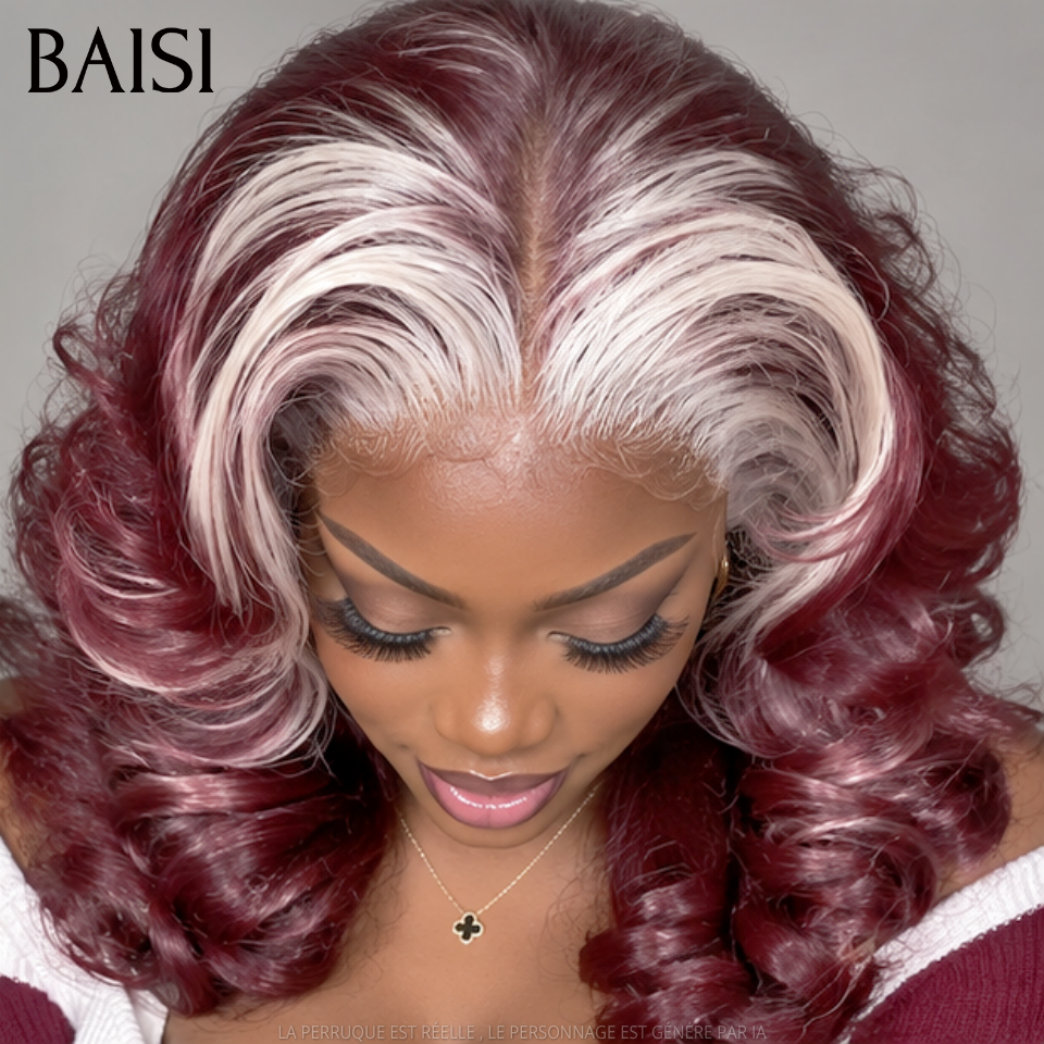 BAISI Promo Perruque 13X4 lace frontal 16 pouce couleurs Rouge-violet Mix Blonde somble grosse boucles sans colle Aujourd'hui 179€ en 100% Cheveux Humains