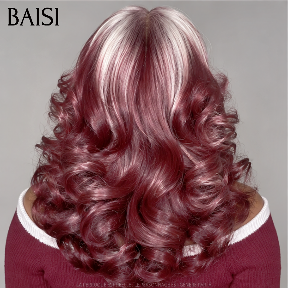BAISI Promo Perruque 13X4 lace frontal 16 pouce couleurs Rouge-violet Mix Blonde somble grosse boucles sans colle Aujourd'hui 179€ en 100% Cheveux Humains