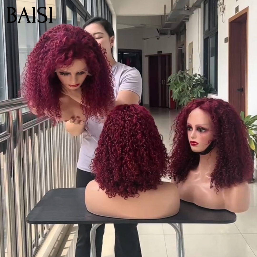 BAISI 13x4 Lace Perruque Curly Rouge Bordeaux 99J Longues 100% Vietnam Hair Meilleur Prix Meilleur Qualité 100% Identique en 100% Cheveux humains