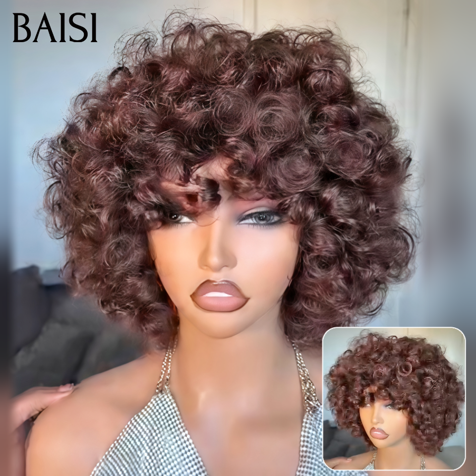 BAISI Perruque Boucle Egg Wave Marron 4# 12Pouces 76€ Seulement Sans Colle Sans Lace Très Pratique au Quotidien en 100% Cheveux Humains