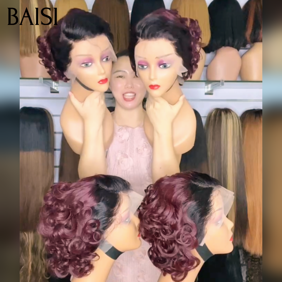BAISI 13x4 Lace Perruque BOB Bouclée Wave en couleur Noir et Bordeaux 1B/99J# Très Jolie Boucle en 100% Cheveux Humains