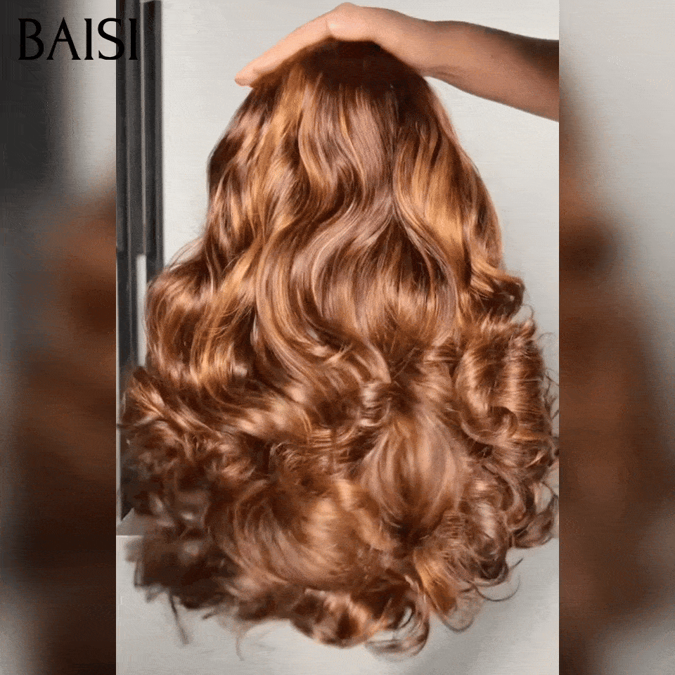 BAISI 13x4 Lace Frontal Perruque Bouncy Curl Rebondissante Marron Mixte Miel 4/27# Mèches de Qualité en 100% Cheveux Humains