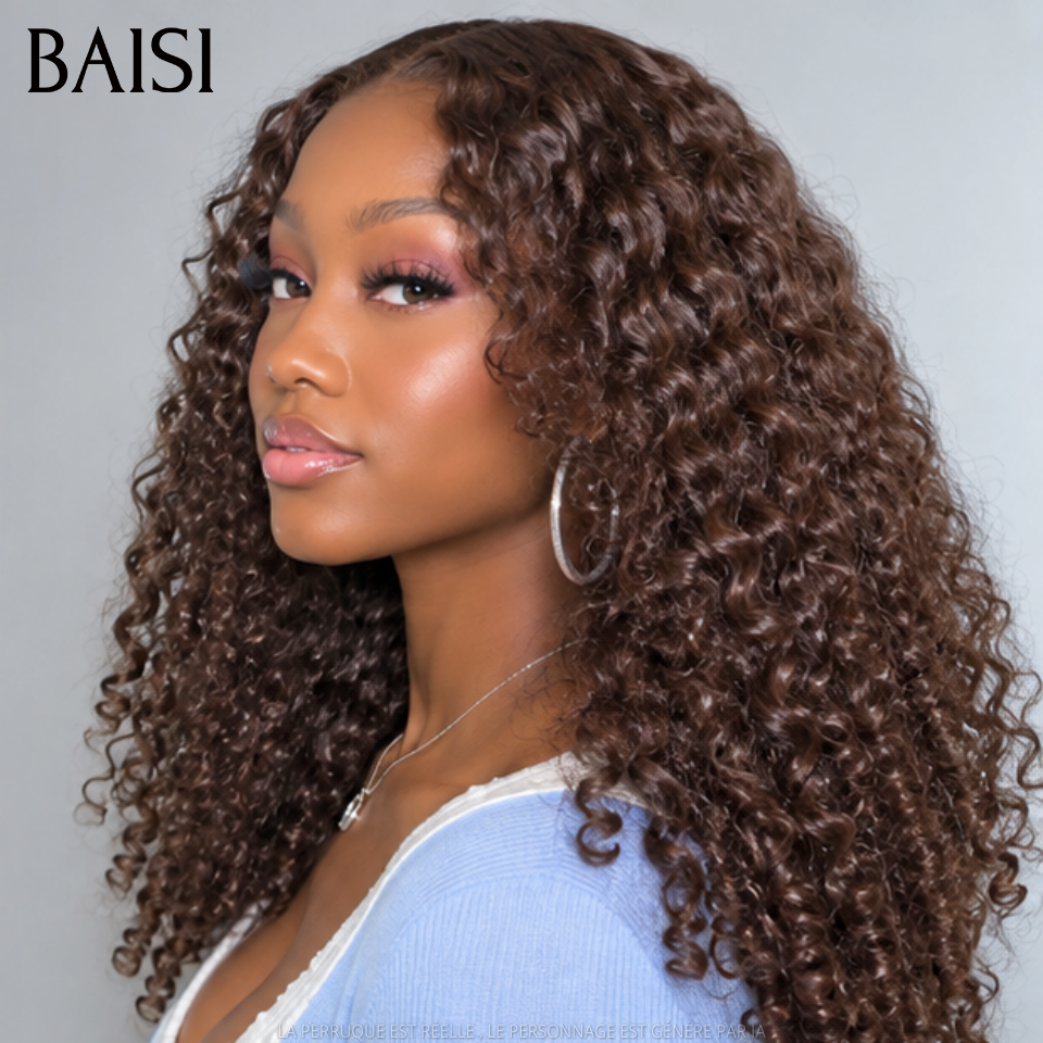 BAISI Perruque Curly Burmese Marron en Lace Frontal 13x4 Sans Colle 22 Pouces 189€ Lace Deja Coupé en 100% Cheveux Humains