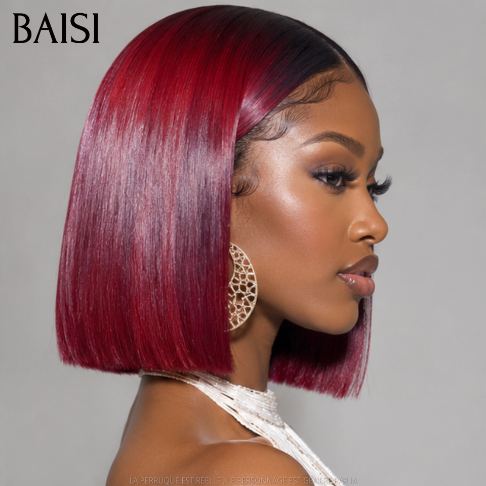 BAISI Perruque 2x6 lace closure Bob lisse 8 pouce 85€ Bordeaux Avec racine NOIR Vietname Hair DE luxe en 100% cheveux humains FR38