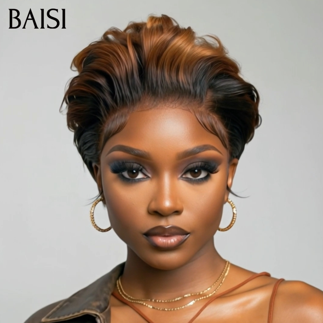 BAISI 13x4 Lace Perruque Pixie Lisse Couleur Noir et Marron Clair 1B/30 La Classe Totale Pour Femme Affairée en 100% Cheveux humains