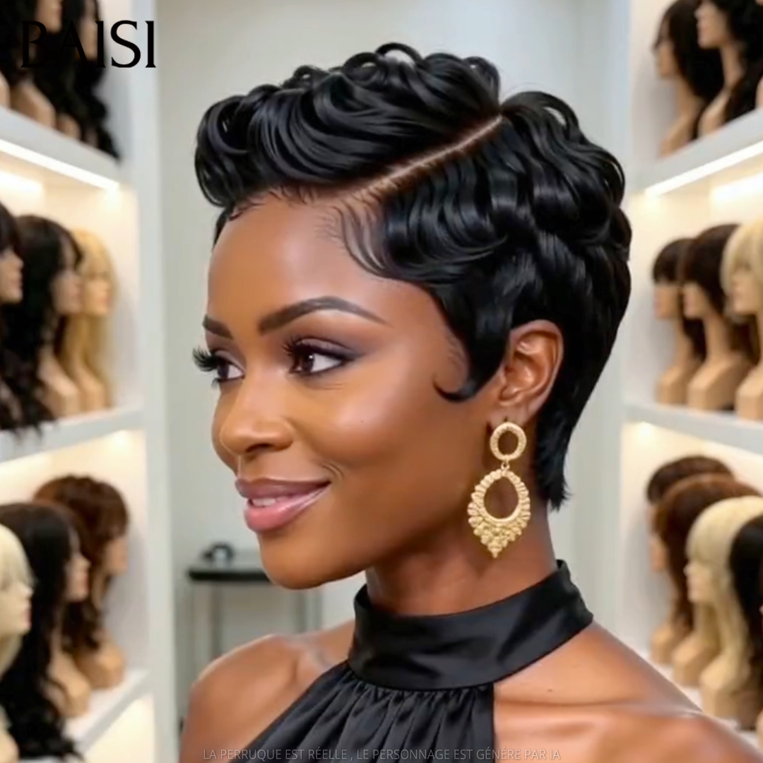 BAISI 13x4 Lace Perruque Pixie Wave Couleur Noir 1B# 60€ Petite Coupe Coquête en 100% Cheveux humains