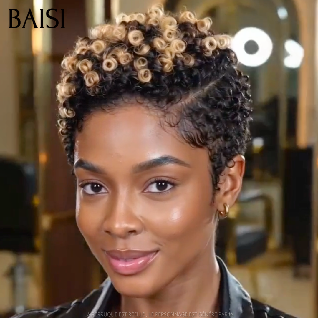 BAISI 13x4 lace Perruque Pixie Curly 79€ en couleur Noir Miel 1B/27# Styler Avec Raie en 100% Cheveux Humains