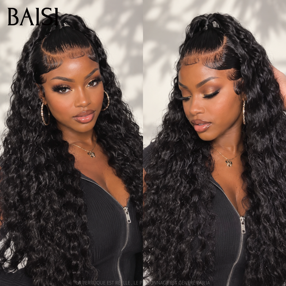 BAISI 13x4 lace Perruque Coiffée Longue Curly Couleur Noir 1B# Prête A Porter Au Quotidien en 100% Cheveux Humains
