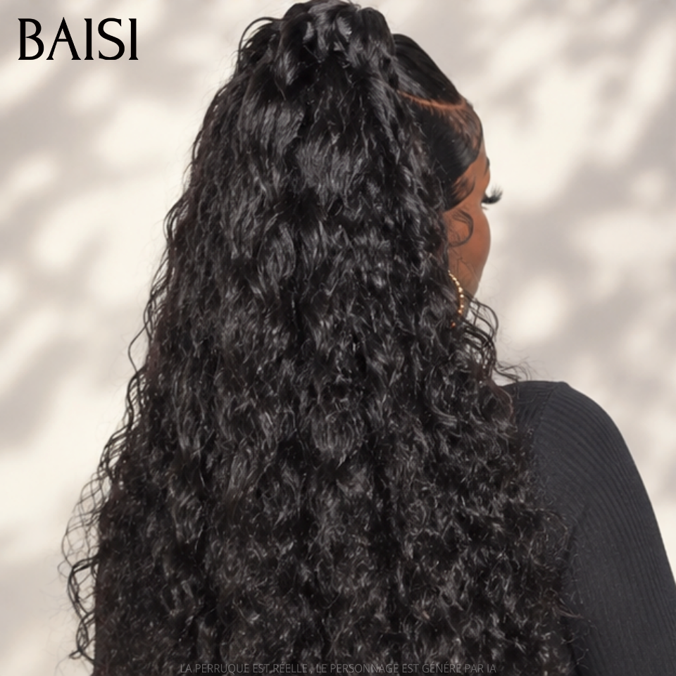BAISI 13x4 lace Perruque Coiffée Longue Curly Couleur Noir 1B# Prête A Porter Au Quotidien en 100% Cheveux Humains