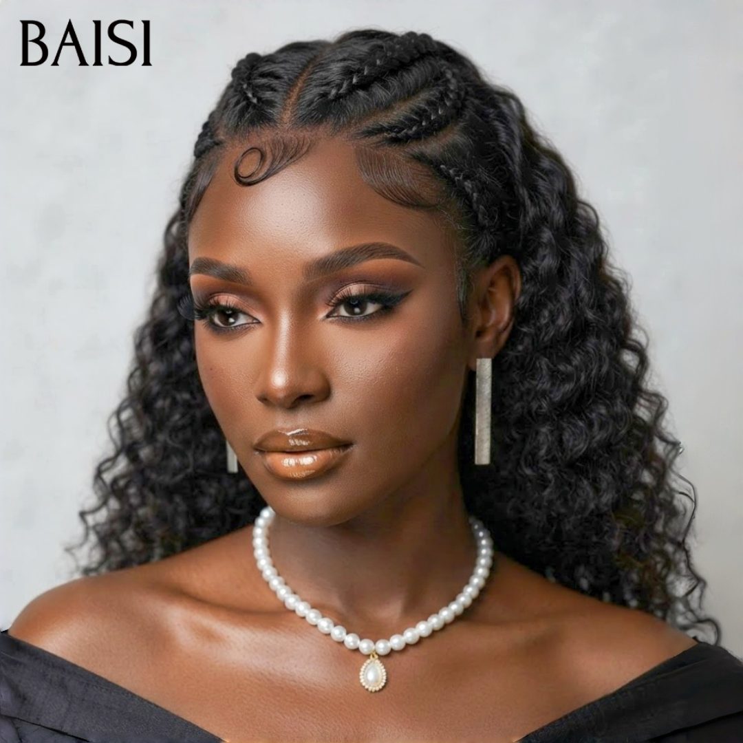 BAISI 13x4 Lace Perruque Curly Wave Déjà Coiffée Couleur Noir 16pouces et 20Pouces Coiffure Parfaite pour les Femmes Noires en 100% Cheveux humains