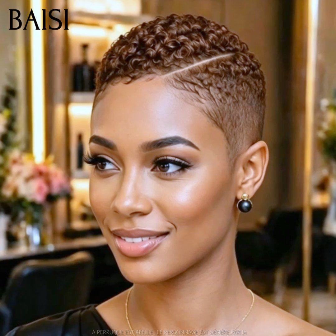 BAISI Full Lace Perruque Pixie Courte Afro Déjà Coiffée Couleur Marron 4# 135€ Naturellement élégante en 100% Cheveux humains
