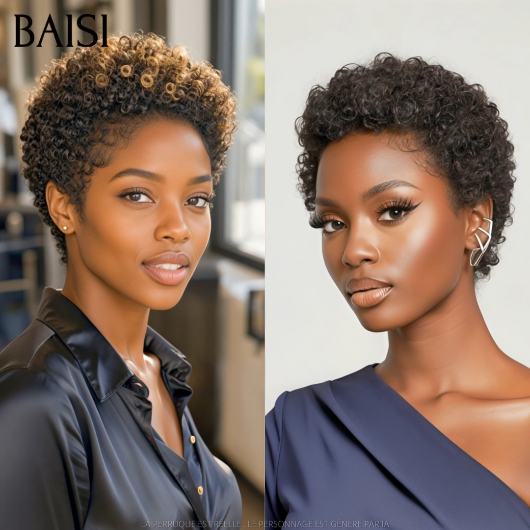 BAISI Lot de 2 Perruques Pixie Curly Noir et Miel Noir 79€ Sans Colle Sans Lace Simple et Confortable en 100% Cheveux humains