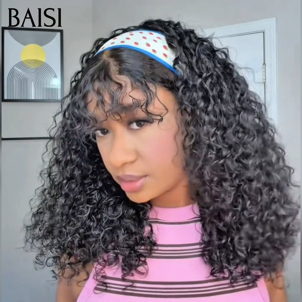 BAISI Perruque Natural Wave Noir avec Frange Sans Colle Sans Lace Nouveau Look Tous les Jours Super Coquêtte 300% densité en 100% Cheveux Humains
