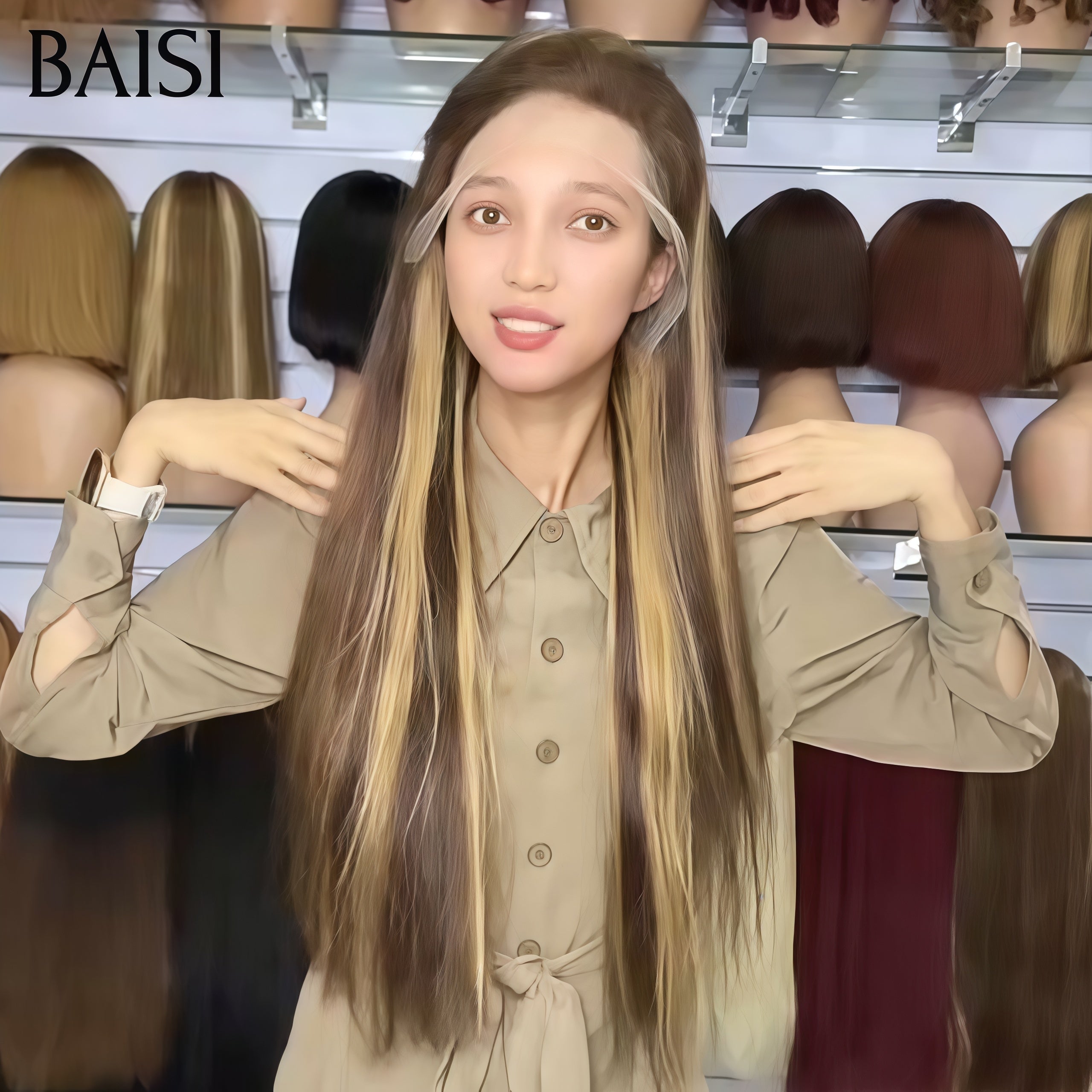 BAISI 13x4 Lace Perruque Longue Lisse Couleur 4/27# Mixte Miel 200% de Densité En 100% Cheveux Humains Pas Chèr FR38