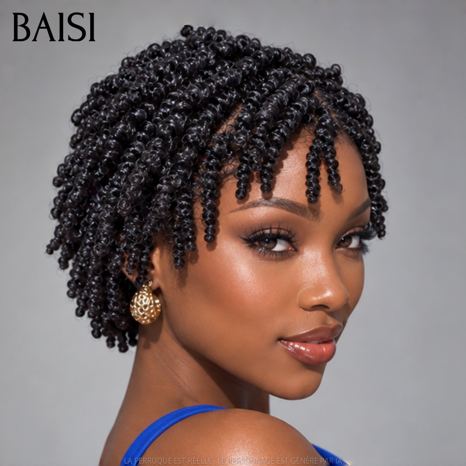 BAISI Perruque Full Lace 89€ 100% Cheveux Naturels Perruque Pixie petite coupe Raie sur le côté natte en Couleur Noir en 100% cheveux humains