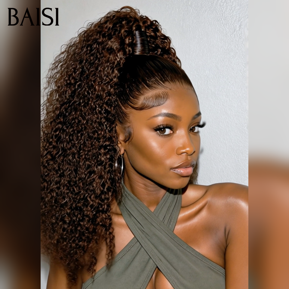 BAISI 13x4 lace Perruque Coiffée Curly wave Bouclée Couleur Noir et Marron 1B/4# Maginifique Coiffure en 100% Cheveux Humains