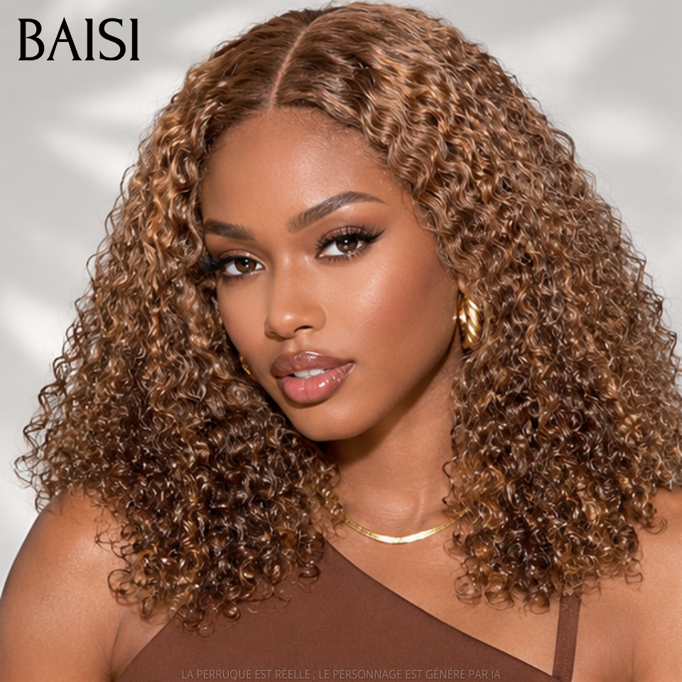 BAISI 4x4 Lace Perruque Curly Wave Disponible en 12-18pouces A partir de 119€ Seulement Couleur Mixte Miel 250% de Densité Haute Qualité en 100% cheveux humains