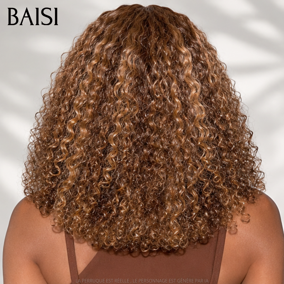 BAISI 4x4 Lace Perruque Curly Wave Disponible en 12-18pouces A partir de 119€ Seulement Couleur Mixte Miel 250% de Densité Haute Qualité en 100% cheveux humains