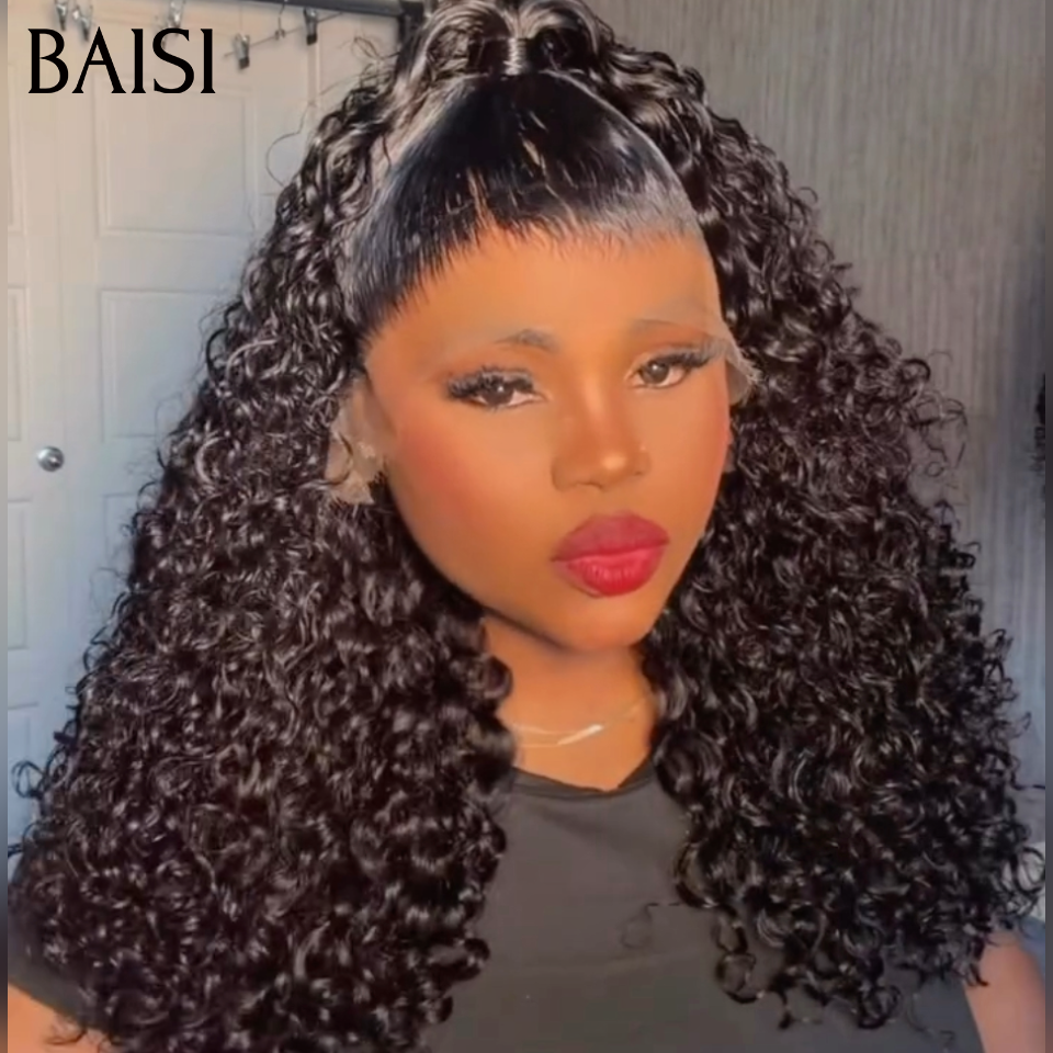 BAISI 13x4 lace Perruque Coiffée Kinky Curly Coiffure Demi Chignon Boucle bien serrée 18Pouces 158€ Prix très Abordable Déjà Prête à Porter en 100% Cheveux humains