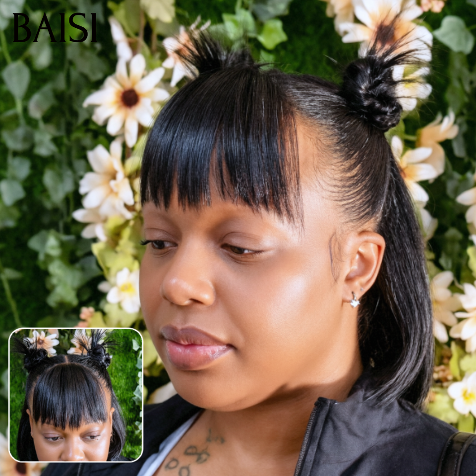 BAISI 13x4 Lace Perruque Bob Coiffée Lisse Avec Frange 8Pouces 119€ Couleur Noir 1B# Dejà Prête A Porter Coiffure Original 100% Identique en 100% Cheveux humains