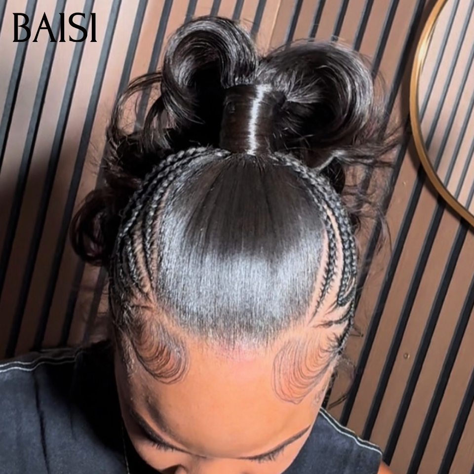 BAISI Full Lace Perruque Coiffée Ondulée 189€ Couleur Noir 1B# Avec Nattes Déjà Faites Dentelle Pleine Contre Chaleur en 100% Cheveux humains