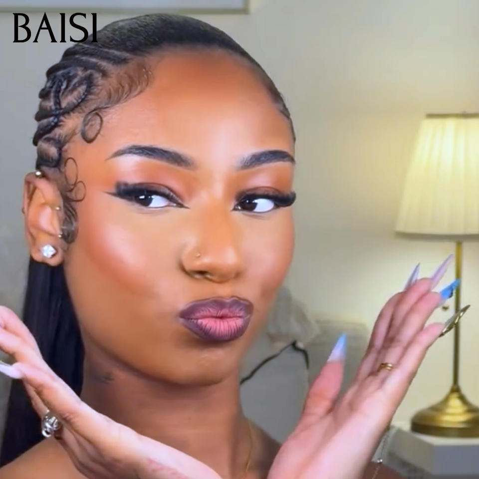 BAISI Full Lace Perruque Coiffée Lisse 20Pouces 180€ Couleur Noir 1B# Côtés Nattées Petites Fleurs Raffraîchissantes en 100% Cheveux humains