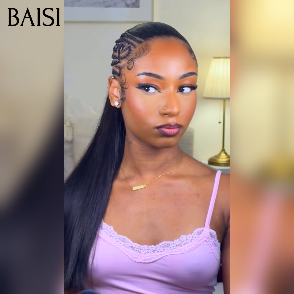BAISI Full Lace Perruque Coiffée Lisse 20Pouces 180€ Couleur Noir 1B# Côtés Nattées Petites Fleurs Raffraîchissantes en 100% Cheveux humains