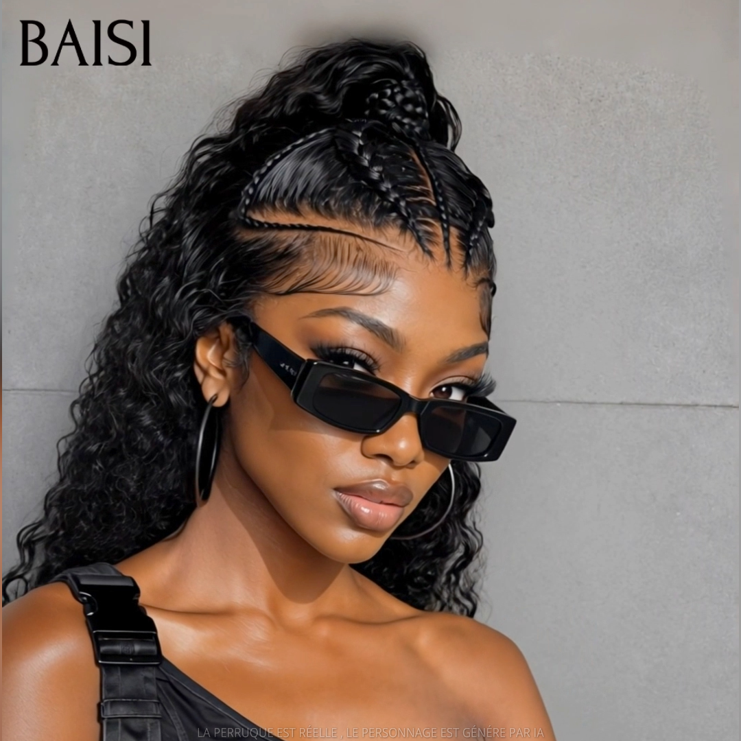 BAISI 13x6 Lace Perruque Déjà Coiffée Deep Wave Natté Couleur Noir La Classe Au Travail en 100% Cheveux humains