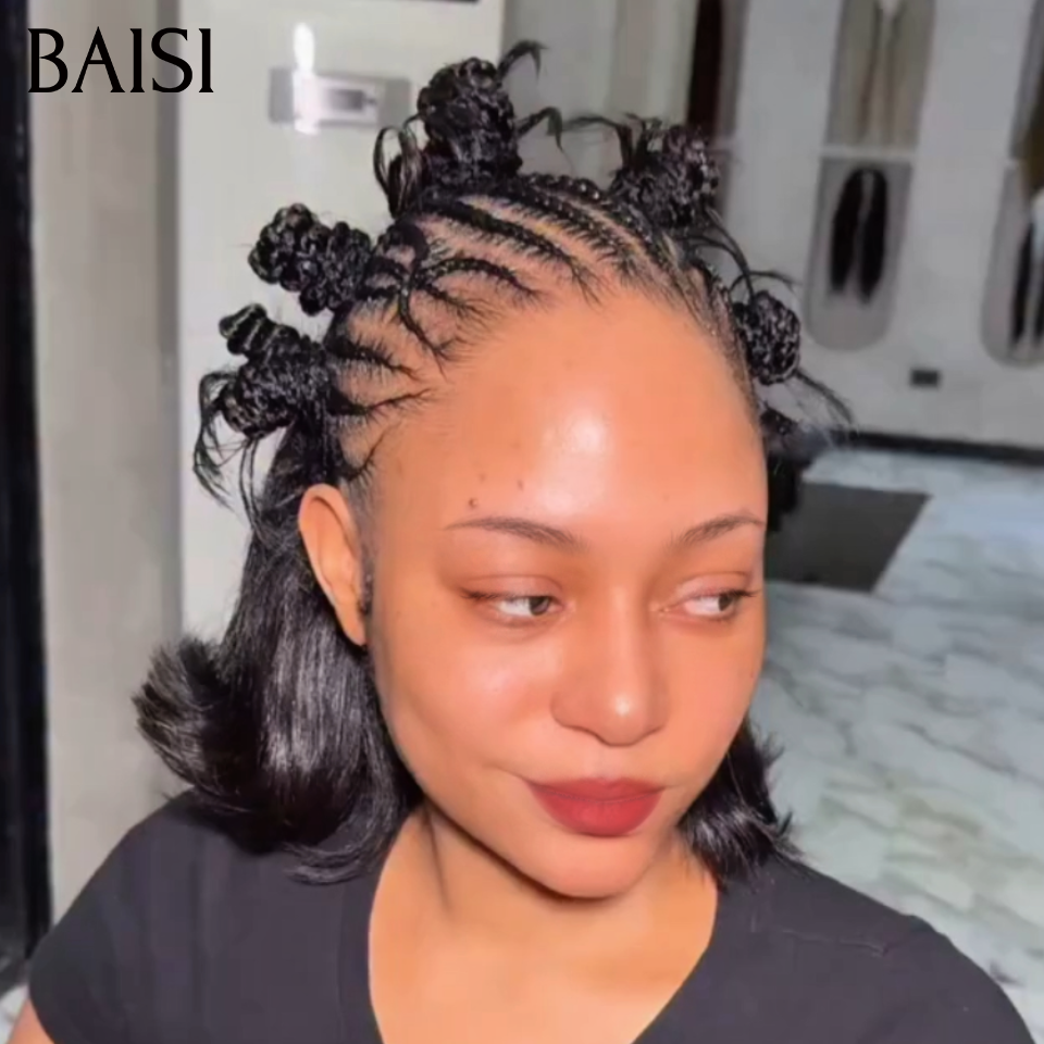 BAISI 13x4 Lace Perruque Déjà Coiffée Prête à Porter Carré Lisse A/B Petites Nattes Style Authentique en 100% Cheveux Humains