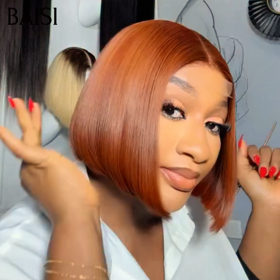 BAISI 2x6 Lace Perruque BOB Lisse 8 Pouces 95€ en Couleur Marron dorée 4/33# Authentique En 100% Cheveux Humains