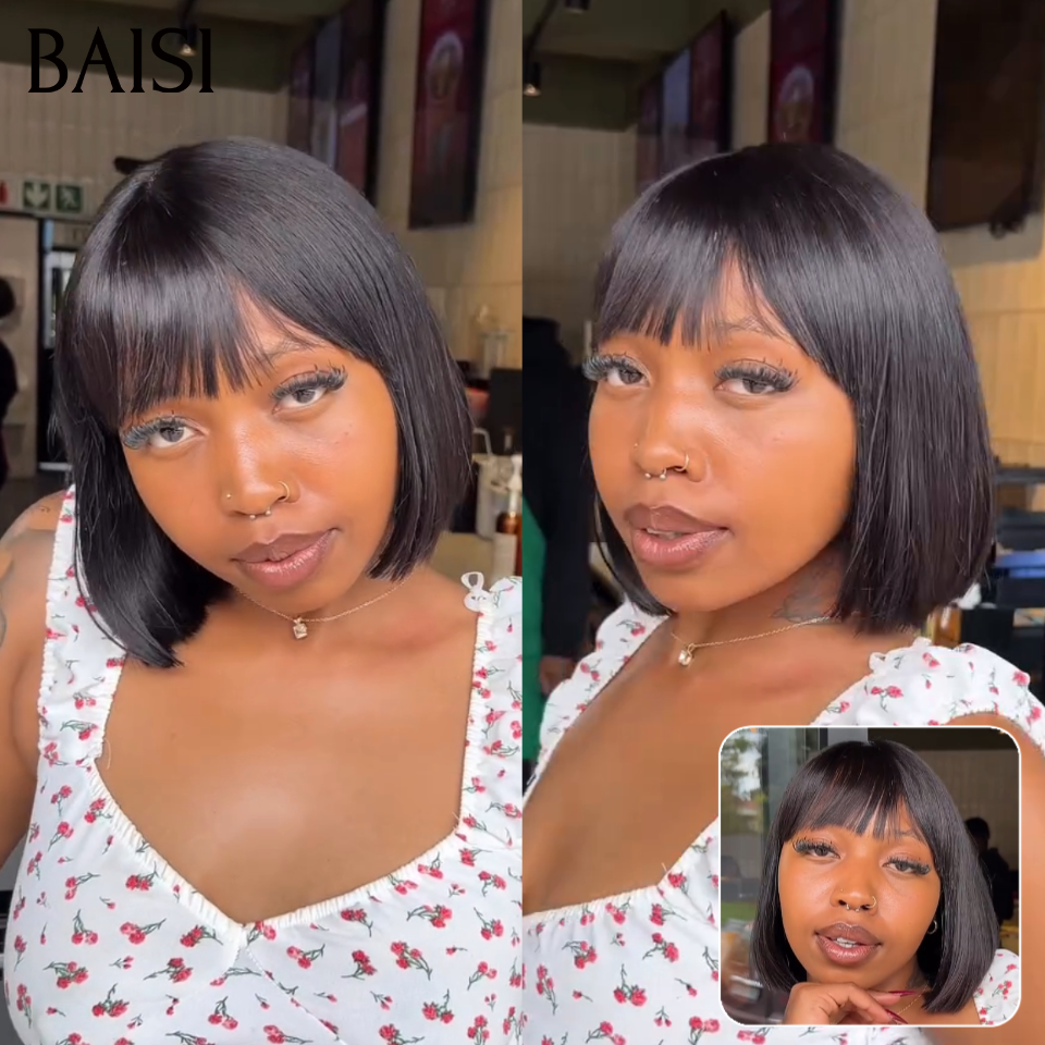 BAISI Perruque Bob Avec Frange 59€ Seulement Coupe Chinoise Lisse Pas Besoin de Colle Parfaite Au Quotidien en 100% Cheveux Humains