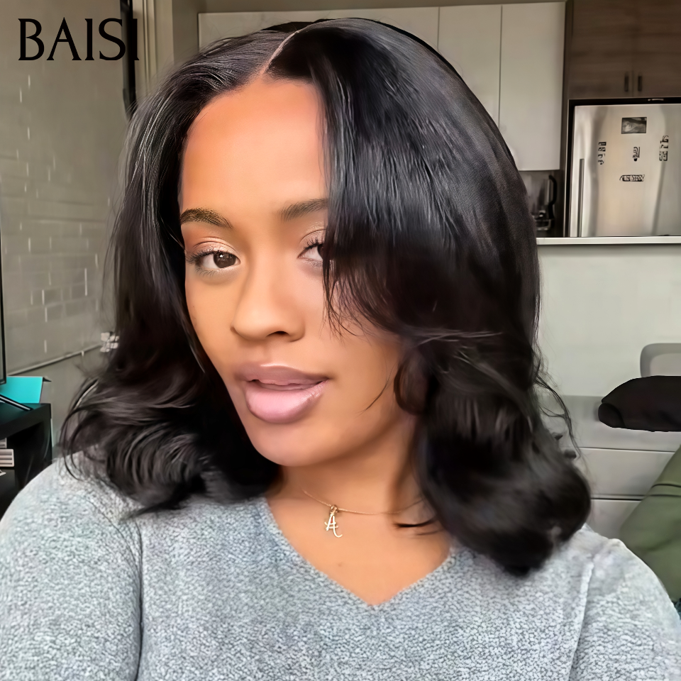 BAISI 13x4 Lace Perruque Sans Colle Avec Corde Body wave 12Pouces 129€ Coupe Dégradée Couleur Noir 1B# Chic et Tendance en 100% Cheveux humains