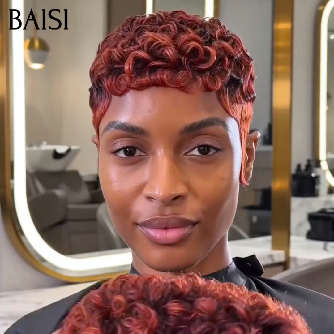 BAISI Perruque Pixie Curl Promo 78€ en Couleur Orange Rouge Sans Colle en 100% Cheveux humains