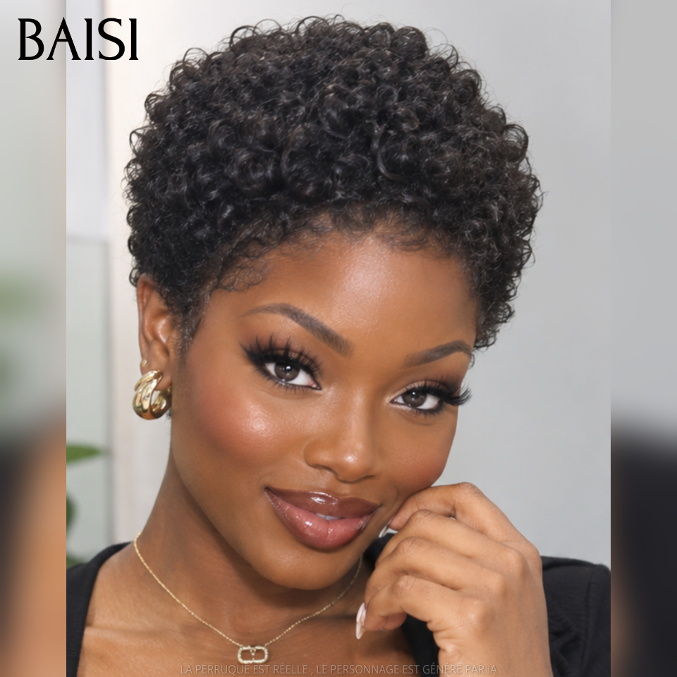 BAISI Vente Combinée 2 Perruques Sans Colle 79€ afro curly NOIR et gris 100% Cheveux Humains Fabriqué à la Machine
