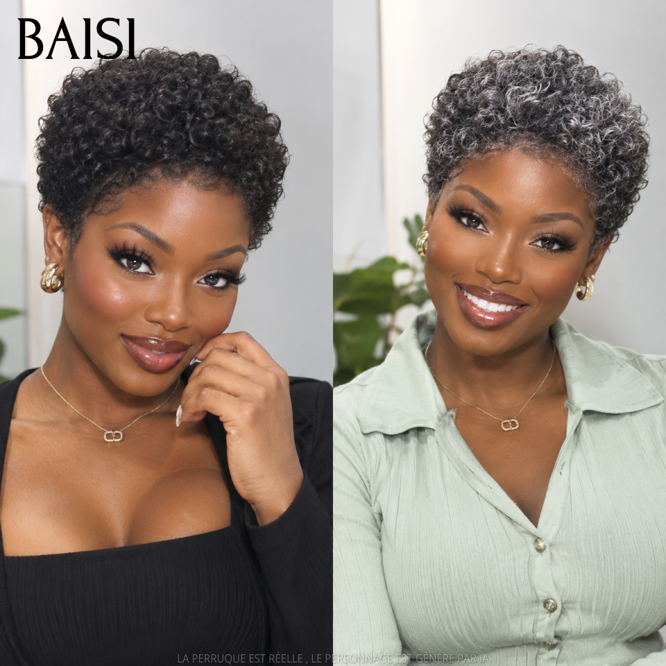 BAISI Vente Combinée 2 Perruques Sans Colle 79€ afro curly NOIR et gris 100% Cheveux Humains Fabriqué à la Machine