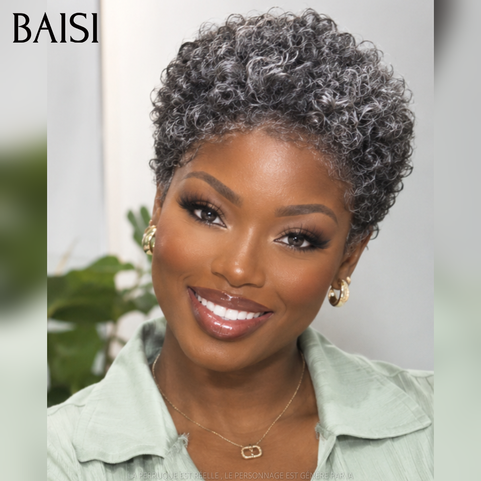 BAISI Vente Combinée 2 Perruques Sans Colle 79€ afro curly NOIR et gris 100% Cheveux Humains Fabriqué à la Machine