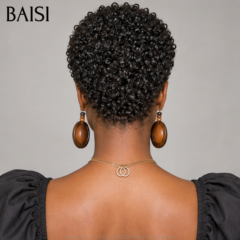 BAISI Full Lace Perruque Pixie Courte Frisées Aves Nattes de Côté Déjà Coiffée 159€ Couleur Noir #1B Très Bonne Qualité 100% Cheveux humains MP50
