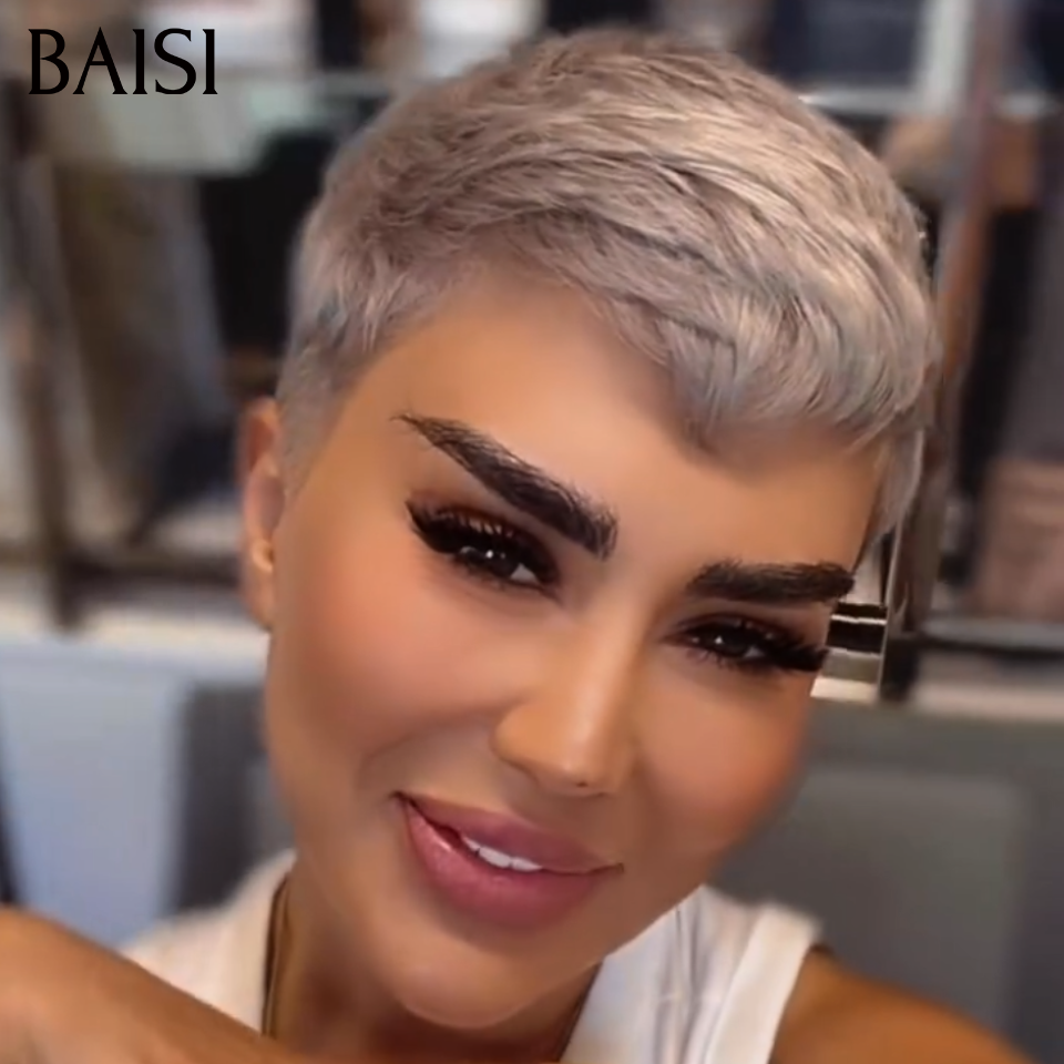 BAISI 13x4 Lace Perruque Pixie Courte Lisse 1BGris 99€ Ou Gris 98€ Style Contemporaine Rajeûnissante en 100% Cheveux humains