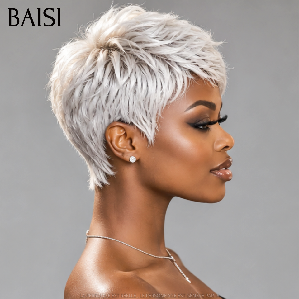 BAISI Perruque Pixie Courte Gris Blanc Lisse 69€ Sans Colle Sans Lace Pratique et Facile A Porter En 100% Cheveux Humains