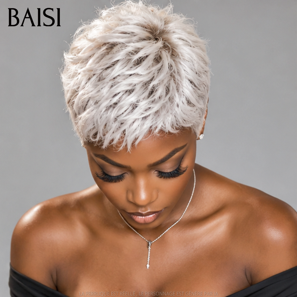 BAISI Perruque Pixie Courte Gris Blanc Lisse 69€ Sans Colle Sans Lace Pratique et Facile A Porter En 100% Cheveux Humains