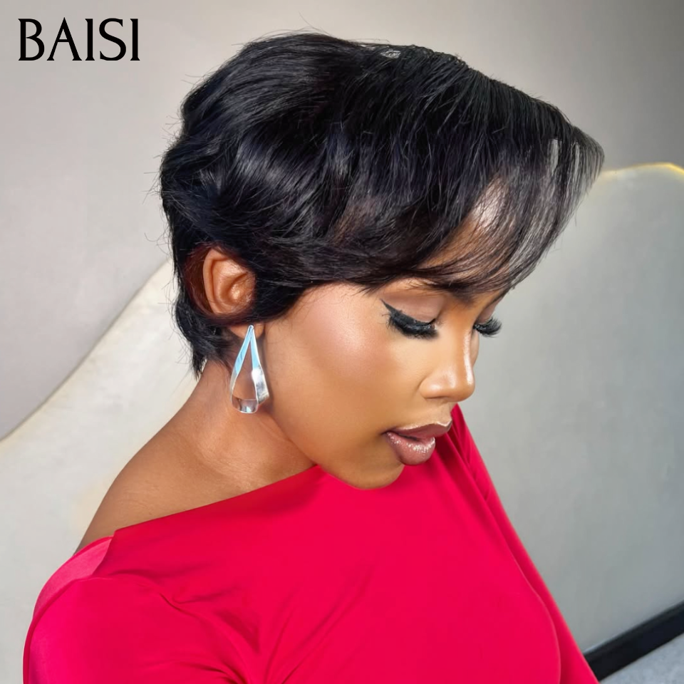 BAISI 13X4 lace Perruque Pixie Lisse Noir 6Pouces Prix Promo 68€ Seulement en 100% Cheveux Humains