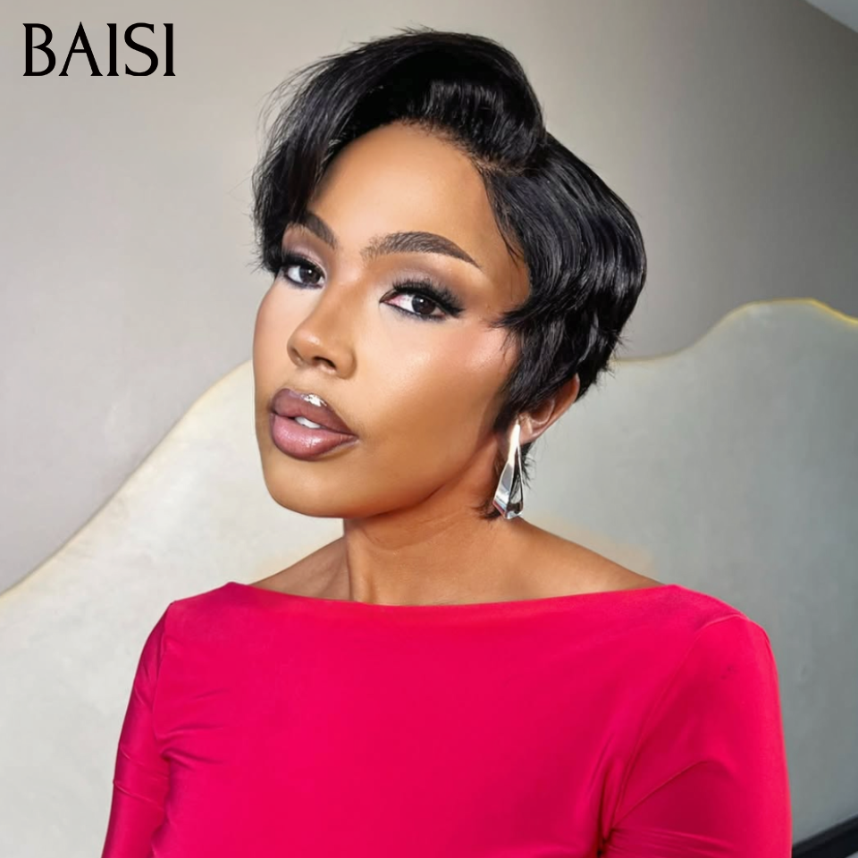 BAISI 13X4 lace Perruque Pixie Lisse Noir 6Pouces Prix Promo 68€ Seulement en 100% Cheveux Humains