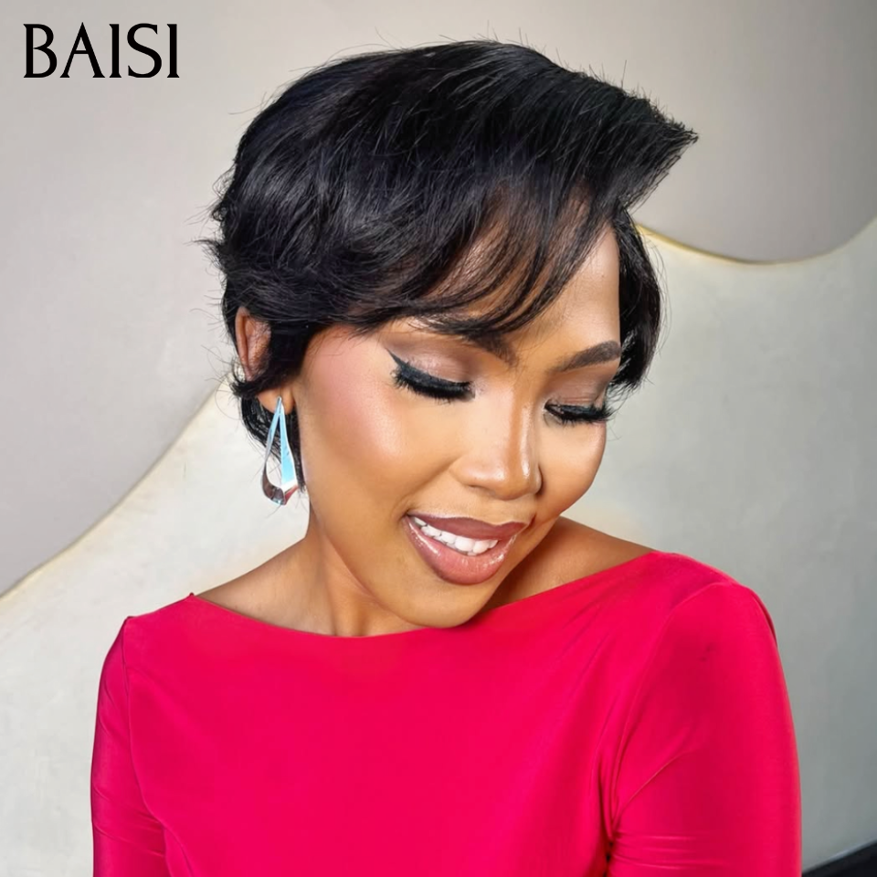 BAISI 13X4 lace Perruque Pixie Lisse Noir 6Pouces Prix Promo 68€ Seulement en 100% Cheveux Humains