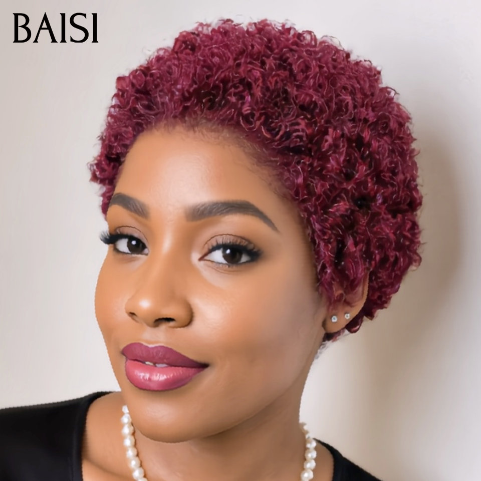 BAISI Pixie Afro Curl Rouge Bordeaux 99J# Prix Cassé 45€ Modèle Sans Colle Sans Lace Facile à Porter En 100% Cheveux Humains