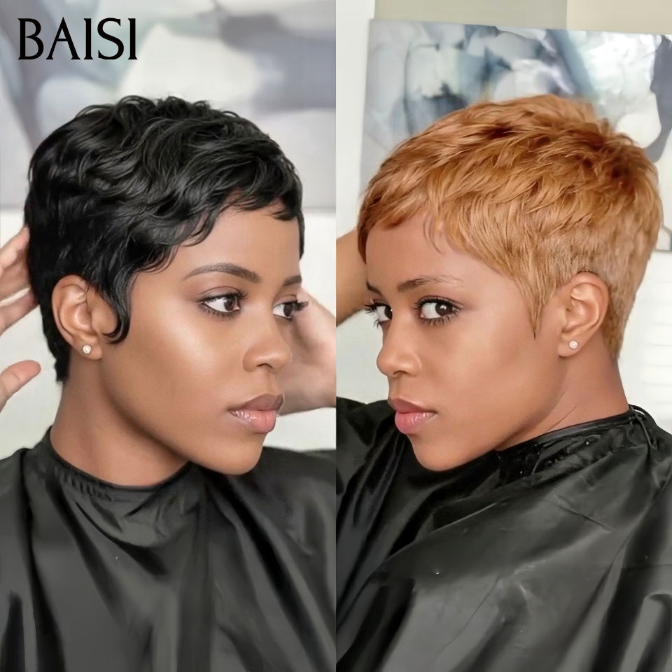 BAISI 2 Perruques Pixie Lisse Sans Colle Sans Lace Couleur Marron et NOIR Confort toute la Journée en 100% cheveux humains